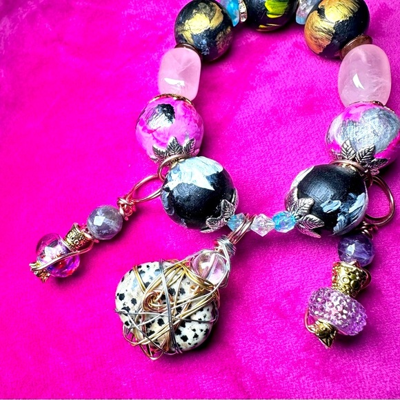Hand Painted Wooden Beads Charms Crystal Handmade Bracelet OOAK Stackable 6-7 - Picture 4 of 11